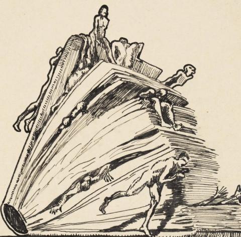 Ilustracja: H. Beck, Starają się ocalić z tłoczącej ich księgi Historii, ze zbiorów Żydowskiego Instytutu Historycznego im. E. Ringelbluma. rysunek Henryka Becka